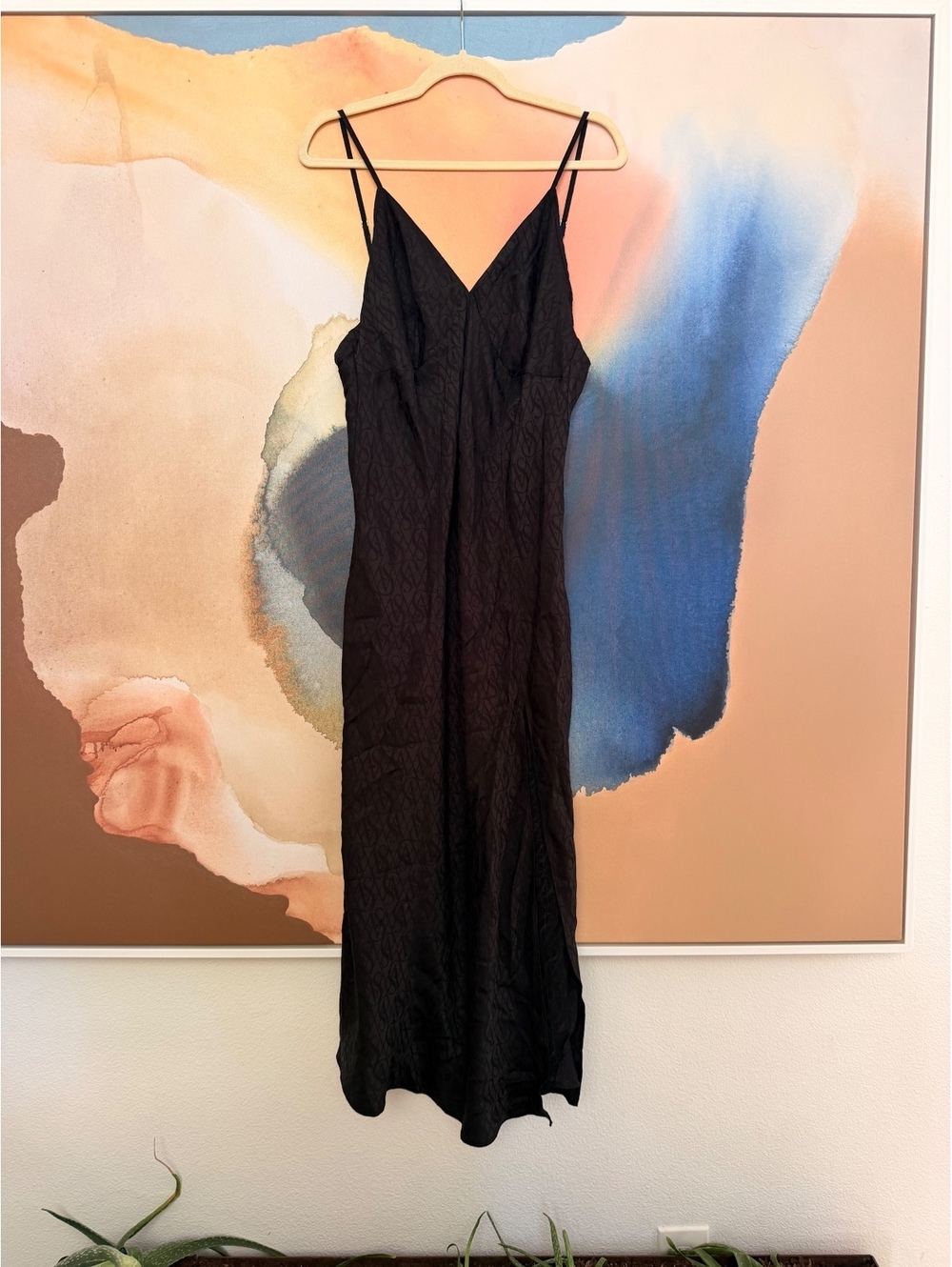 Victoria's Secret Black Maxi Slip Dress with Subtle Logo Pattern